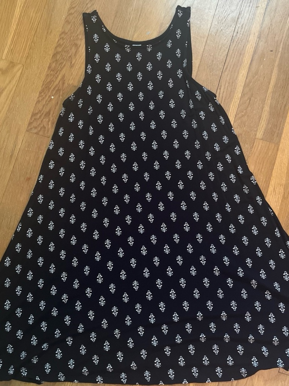Old Navy Black Sun Dress with White and Tan Floral Print